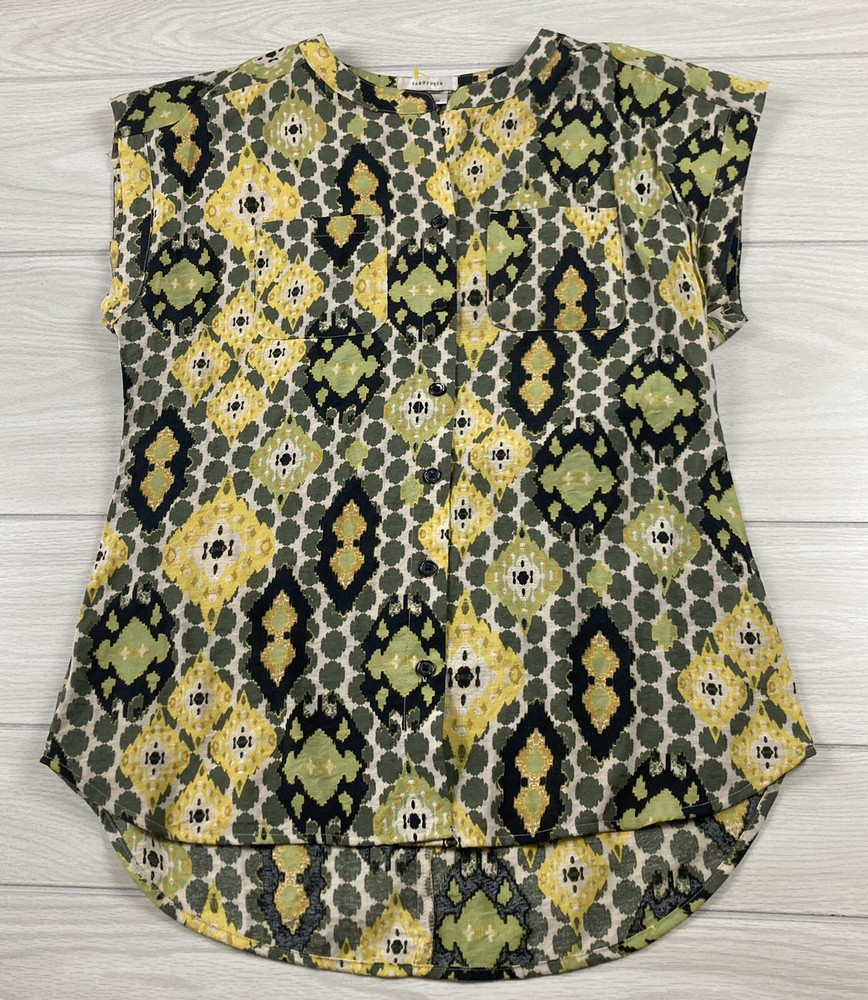 Van Heusen Small Green Yellow Abstract Button Short Sleeve Shirt-image