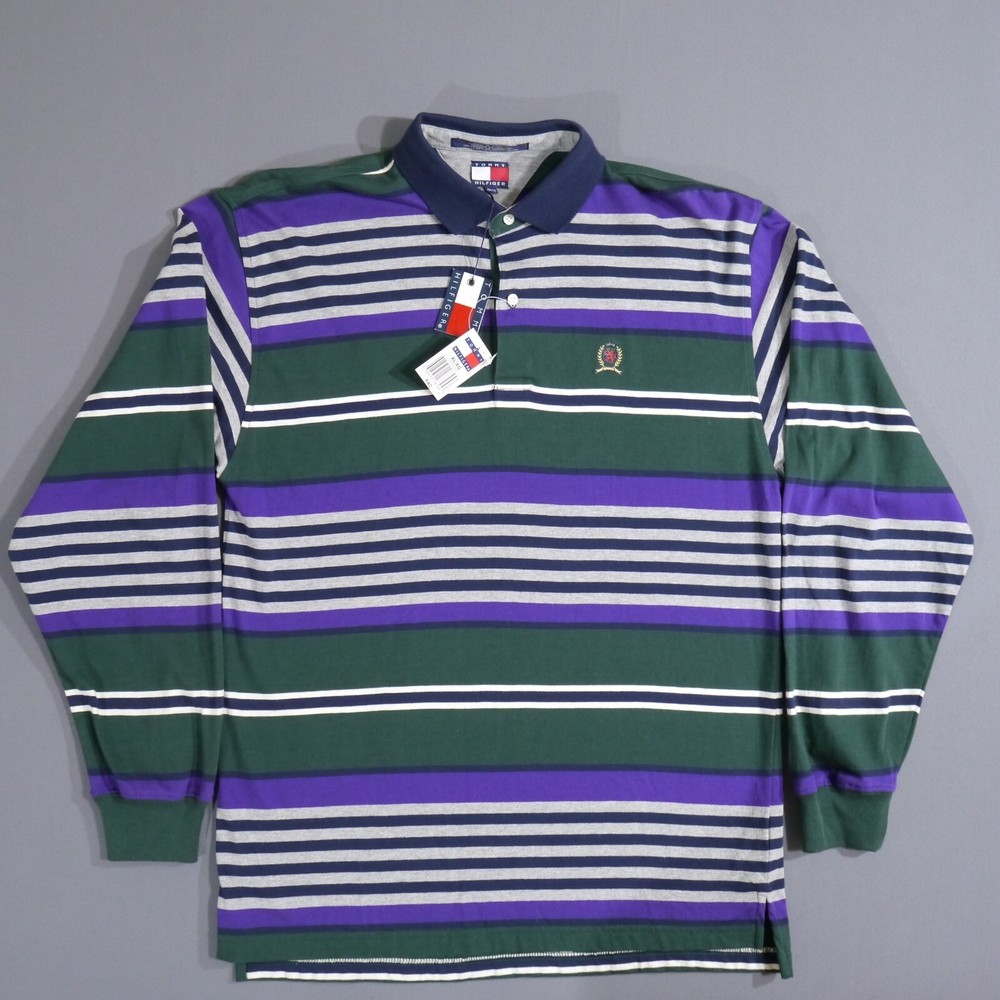 Tommy Hilfiger Striped Polo Shirt Boys XL Youth Crest Preppy Green Purple White