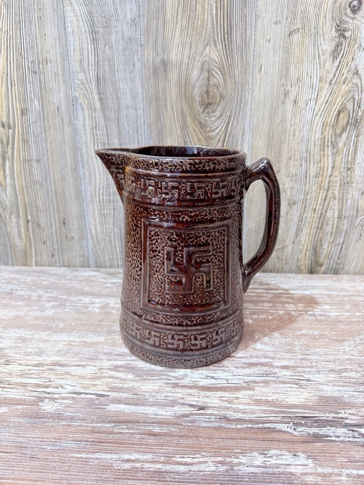 1920s Native American Whirling Log Brownware Stoneware Pottery Milk Pitcher.