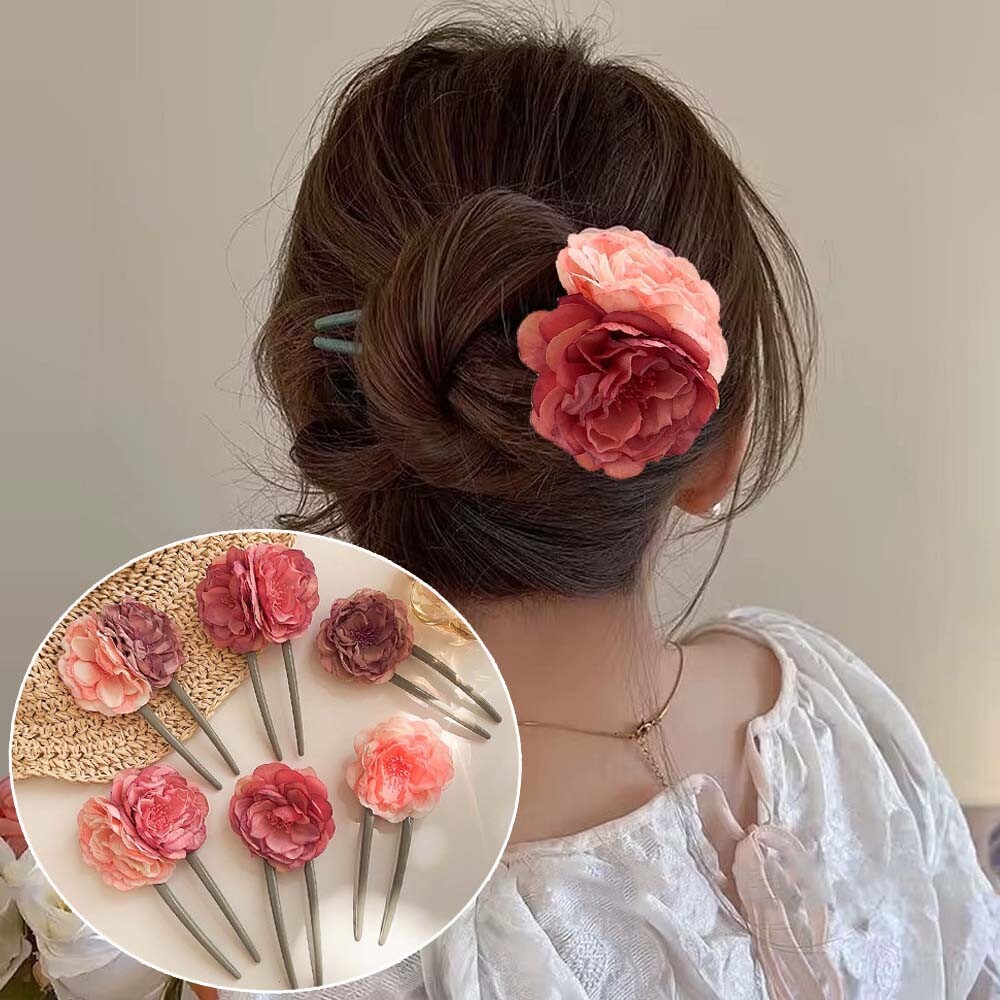 Women Plate Hair Clip Pink Rose Blossom U-shaped Hairpin Hair Accessories DIY