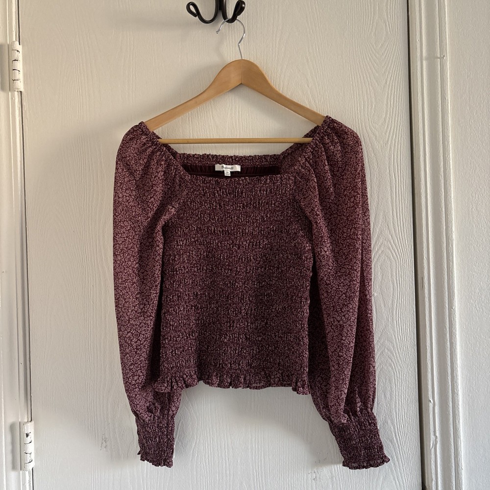 Madewell Women’s Smocked Square Neck Long Sleeve Top Floral Mauve Size XS