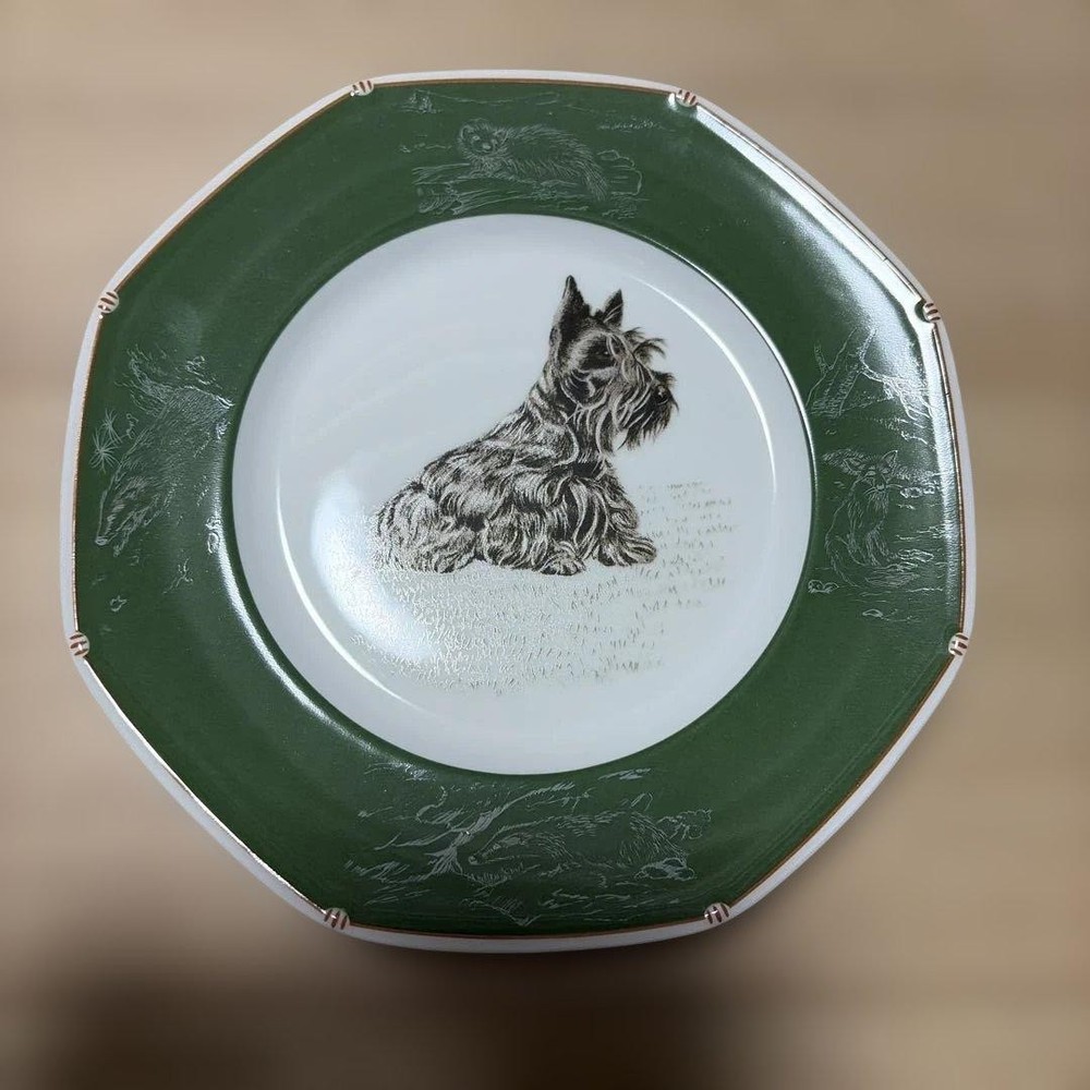 Hermès Chasse Dog Octagonal Plate Scottish Terrier Green 21cm