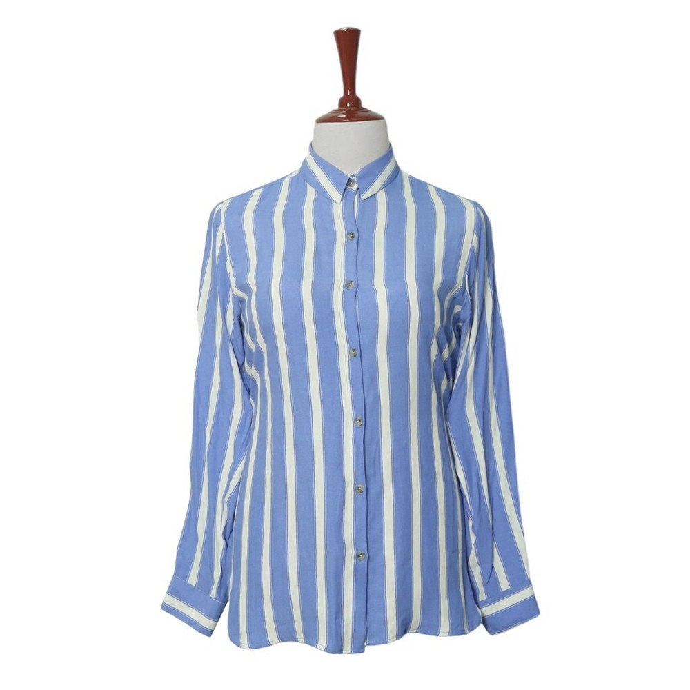Womens Silky Shirt Button Up Blue White Striped Summer Lightweight Tunic Medium