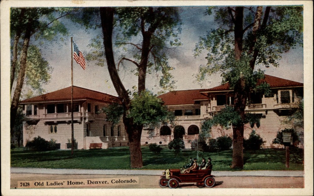 Old Ladies' Home Denver Colorado antique car flag ~ 1920s vintage postcard