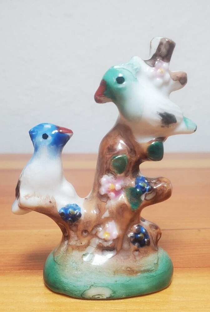 Made in Occupied Japan  Ceramic birds on branch trinket figurine.2.5