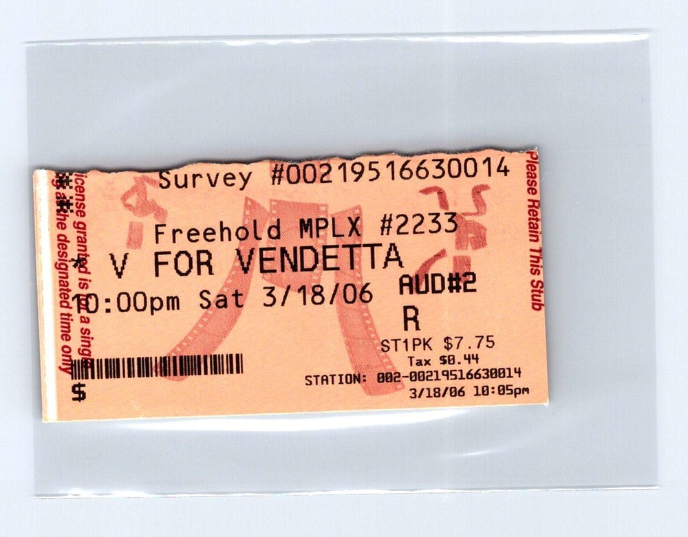 V FOR VENDETTA Movie Ticket Stub Opening Weekend Natalie Portman 3/18/06