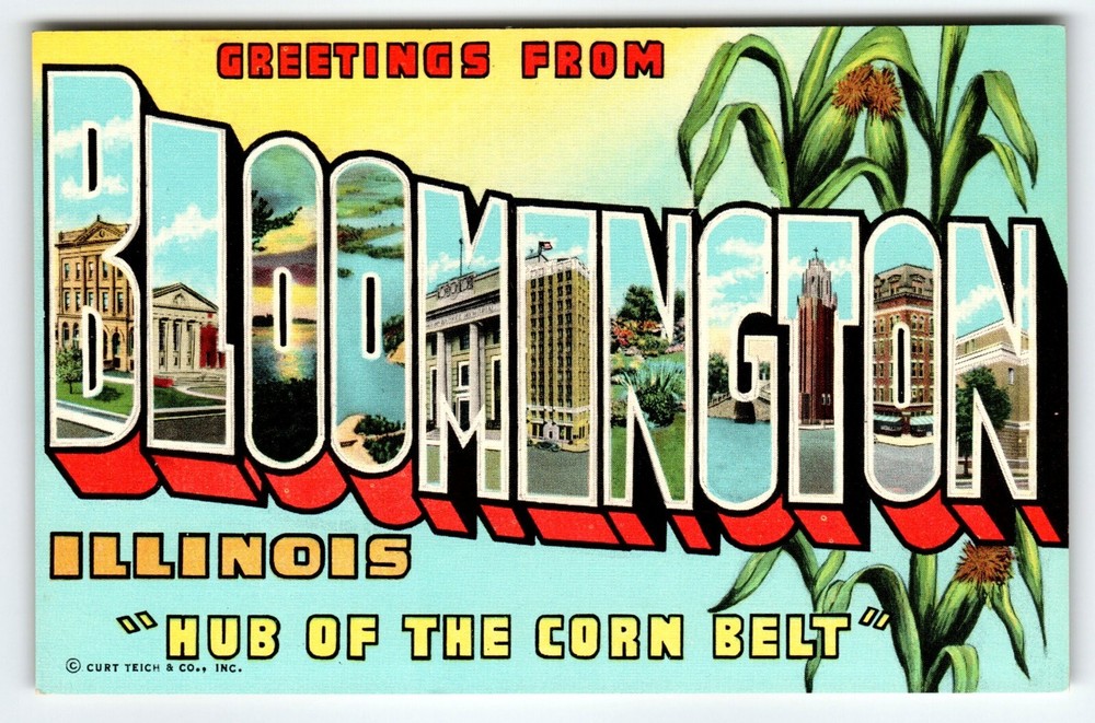 Greetings From Bloomington Illinois Large Letter Postcard Linen Curt Teich
