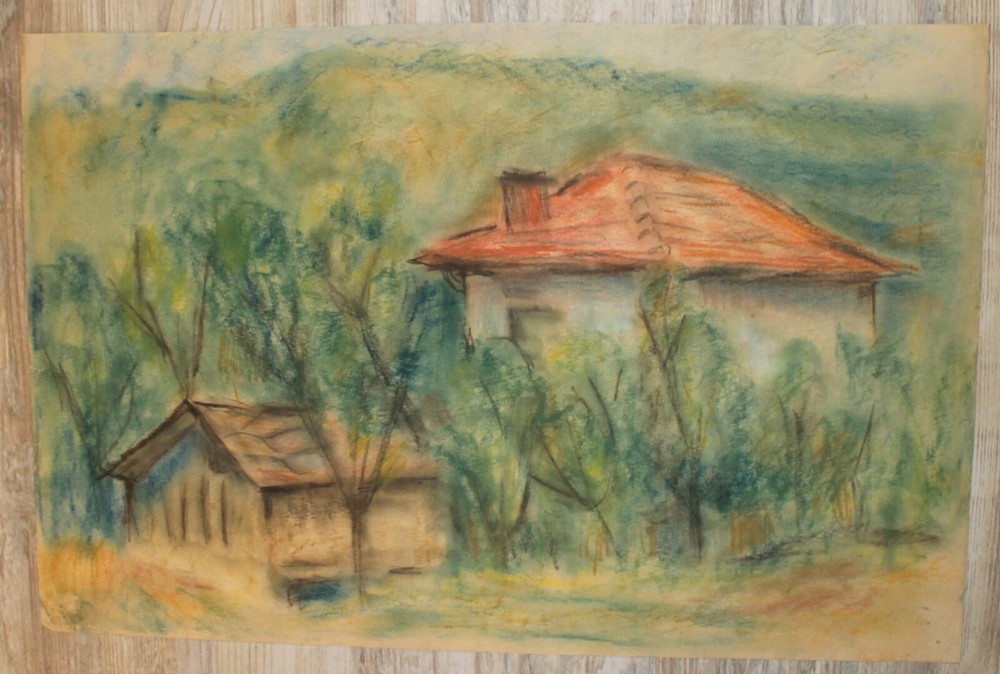 Vintage impressionist pastel painting rural forest landscape houses