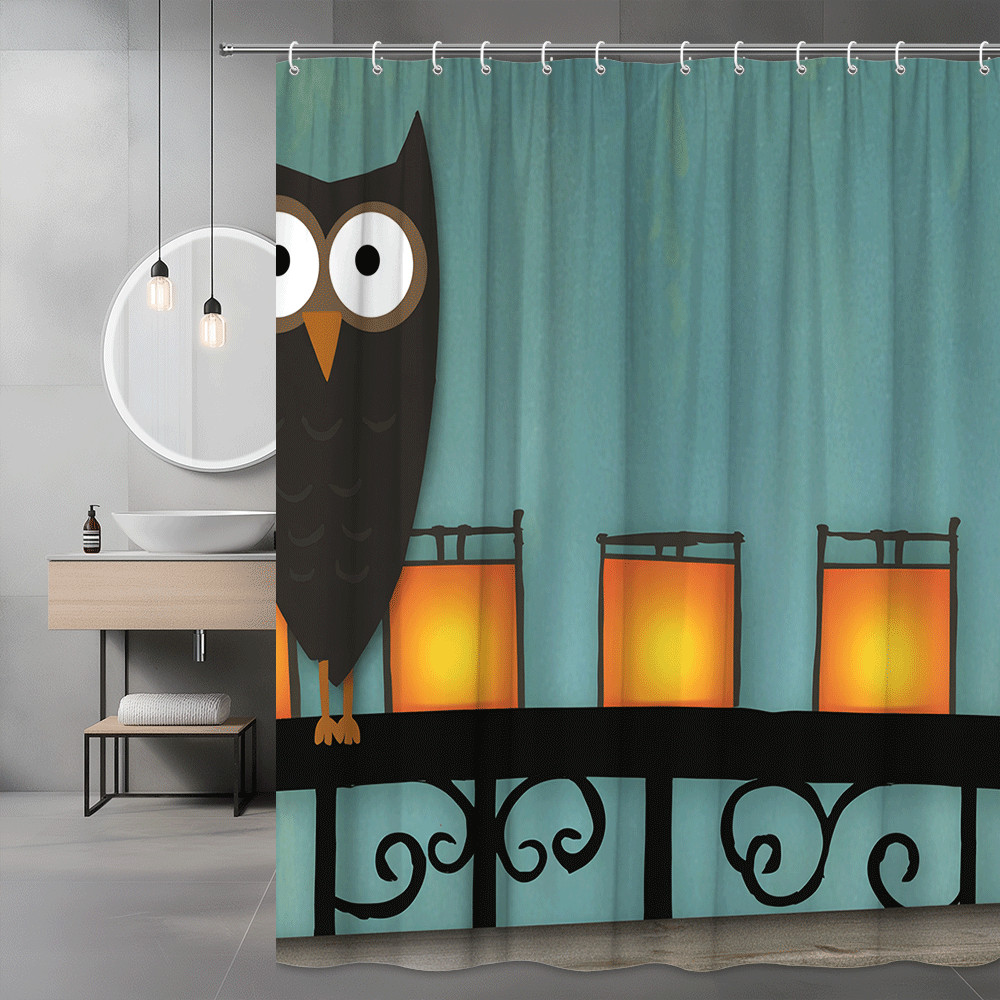 Owl Halloween Shower Curtain with Lanterns and Blue Background