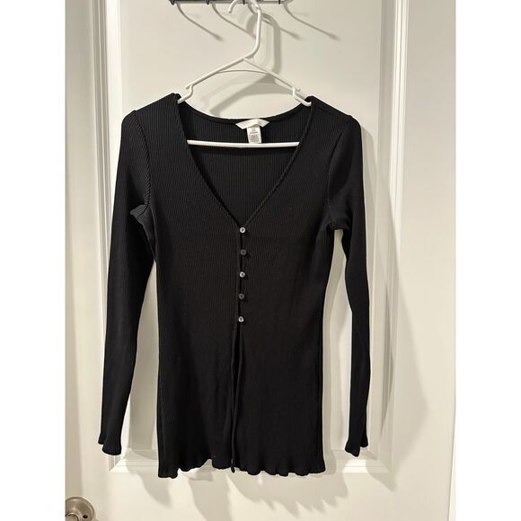 Elegant Black Ribbed Long Sleeve Button Detail Fitted Top Women's Career Office