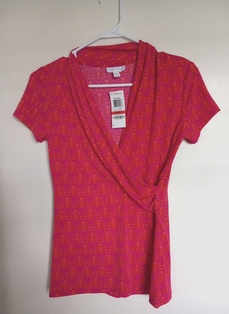 NEW Charter Club  Printed Knit Cap-Sleeve Top Orange Pink Sz S