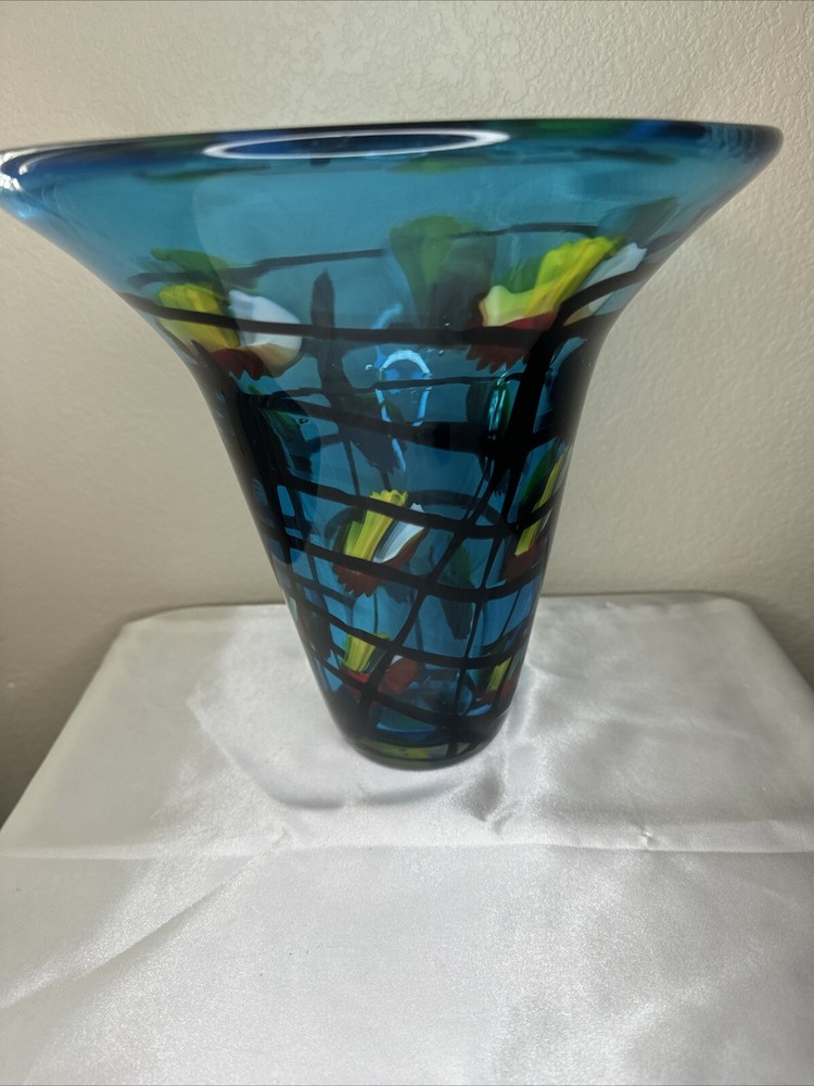 Vtg Dale Tiffany Art Glass Large Blue Vase with Abstract Colorful Pattern 9.5