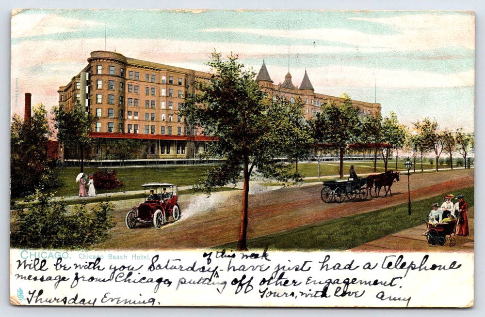 Chicago Illinois Il Beach Hotel Car People Horse Road Antique Vintage Postcard
