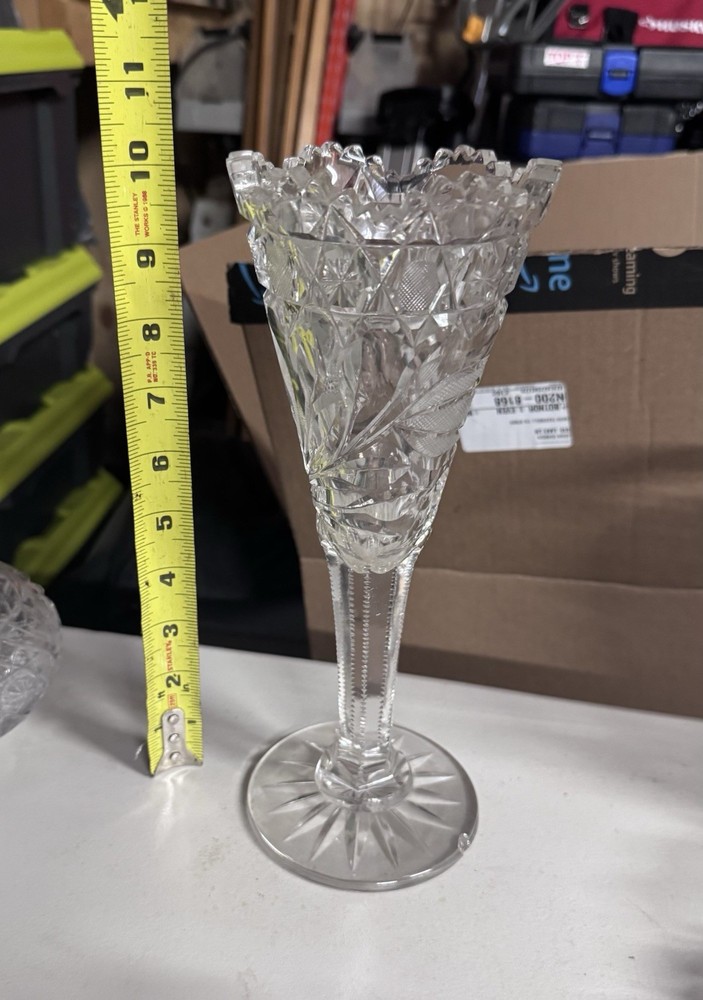 Clear Cut Glass American Brilliant Vase, Decorative, Glossy Finish, 9 Inch