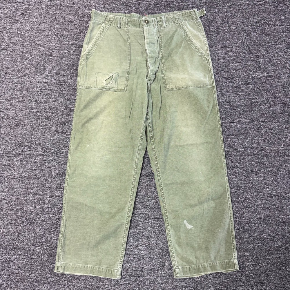 Vintage 60s WW2 US Army Fatigue Military Pants Sz 34x28.5 Thrashed Sun Faded