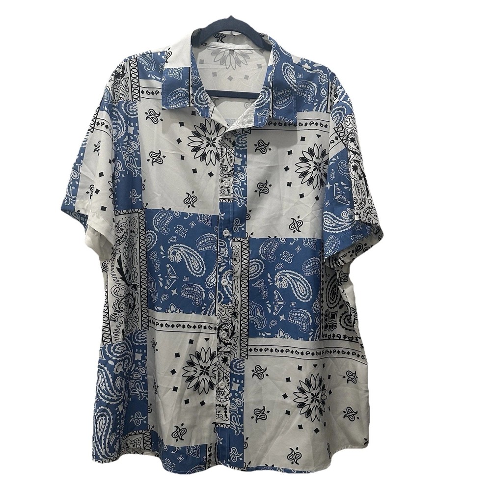 Paisley Men’s Button Up Short Sleeve Shirt Blue White And Black Size XXL