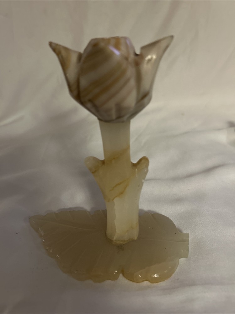 Alabaster Marble Onyx Candle Holder Leaf & Tulip Design Hand Carved Vintage