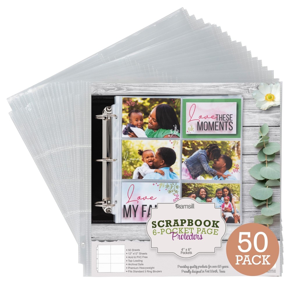 Samsill Scrapbook 6 Pocket Refill Pages 12x12 Inch, 50 Pack, Fits 3 Ring Scra...