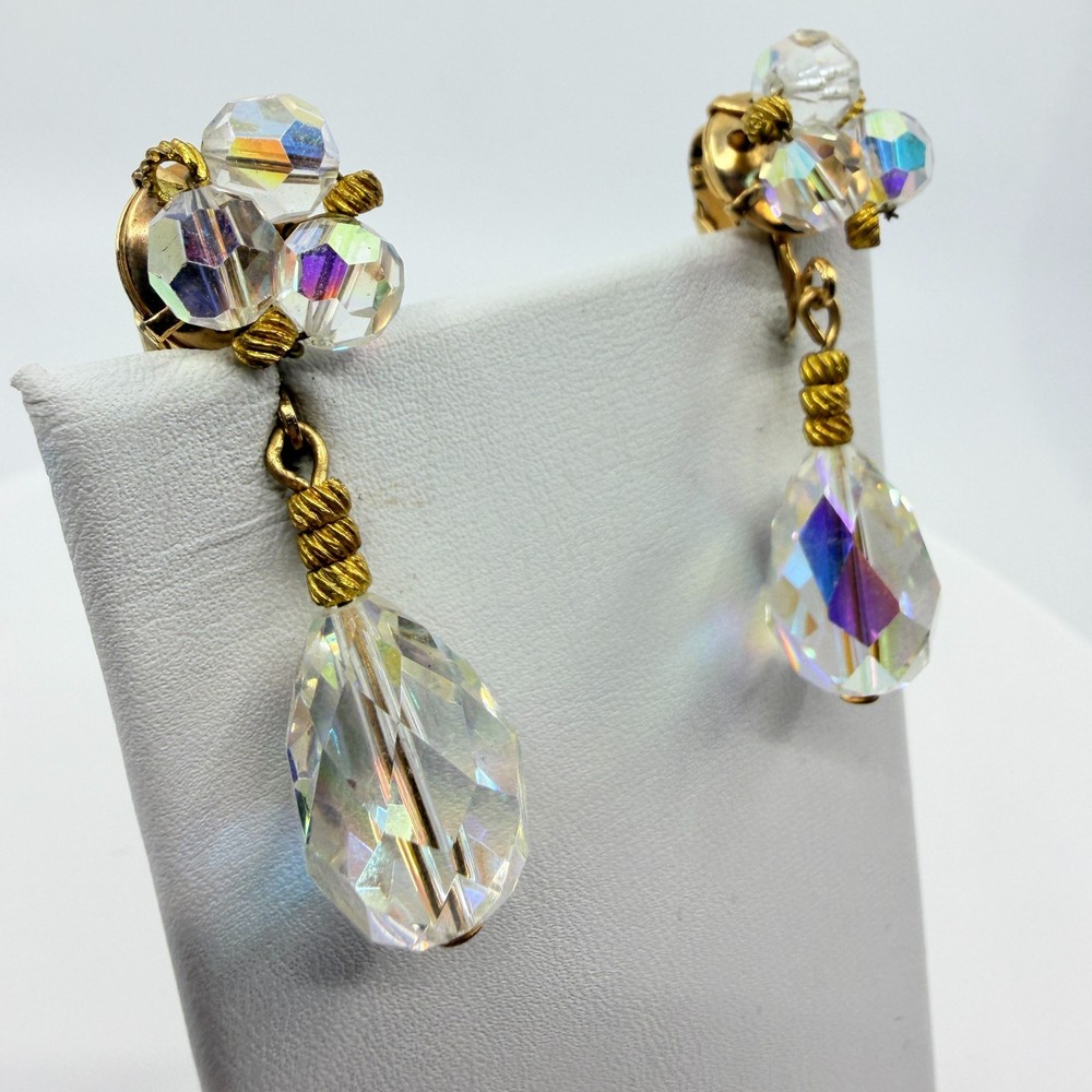 Vintage Aurora Borealis Crystal Dangle Clip On Earrings Gold Tone AB Tear Drop