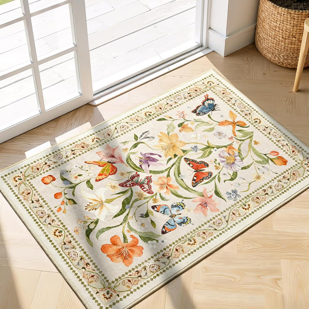 Floral Entryway 2X3 Rug, Non Slip Small Area Rug for Kitchen, Washable Soft Low
