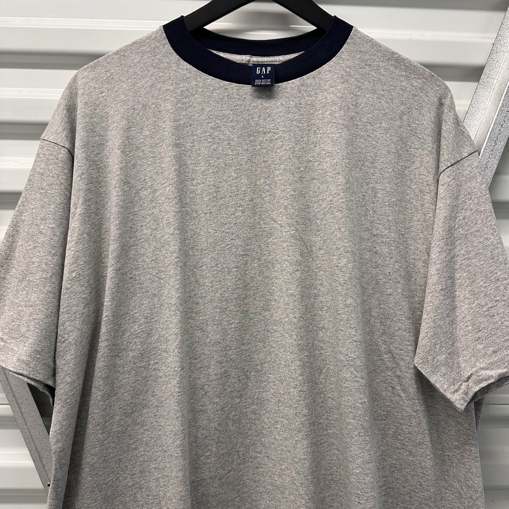 Vintage The Gap Blank Ringer T-shirt Mens L Heather Grey Navy Collar USA Made