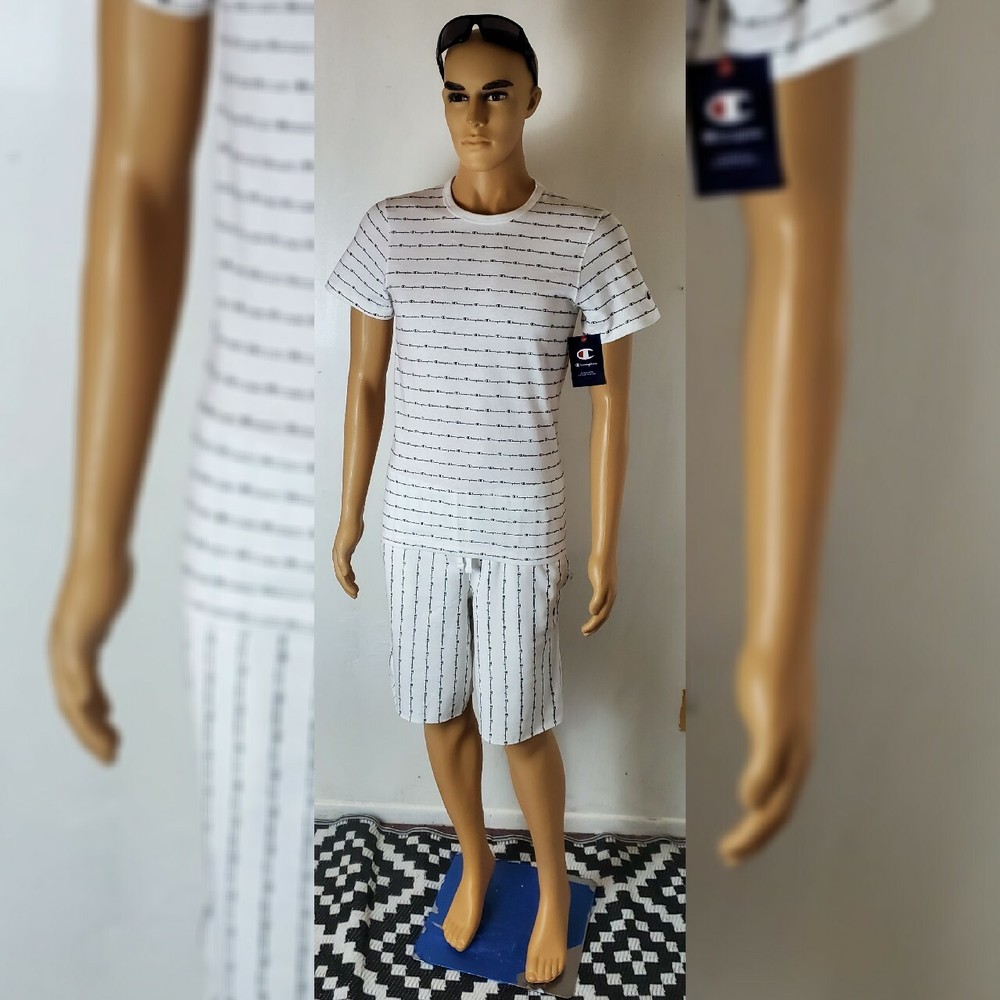 CHAMPION ALLOVER PRINSTRIPE PRINTED FLEECE SHORTS MEN' SIZE M WITH POCKETS WHITE