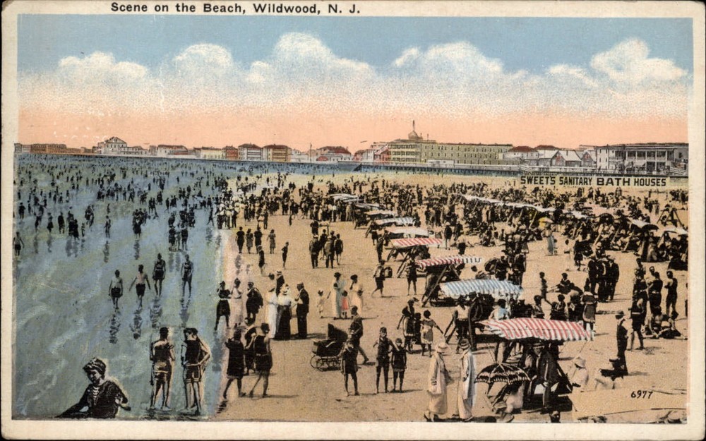 Wildwood New Jersey Beach scene bathers 1920s swimsuits mailed 1923 postcard