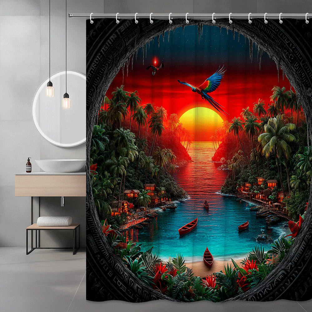 Tropical Ocean Sunset Parrot Shower Curtain, Palm Tree Beach Scene