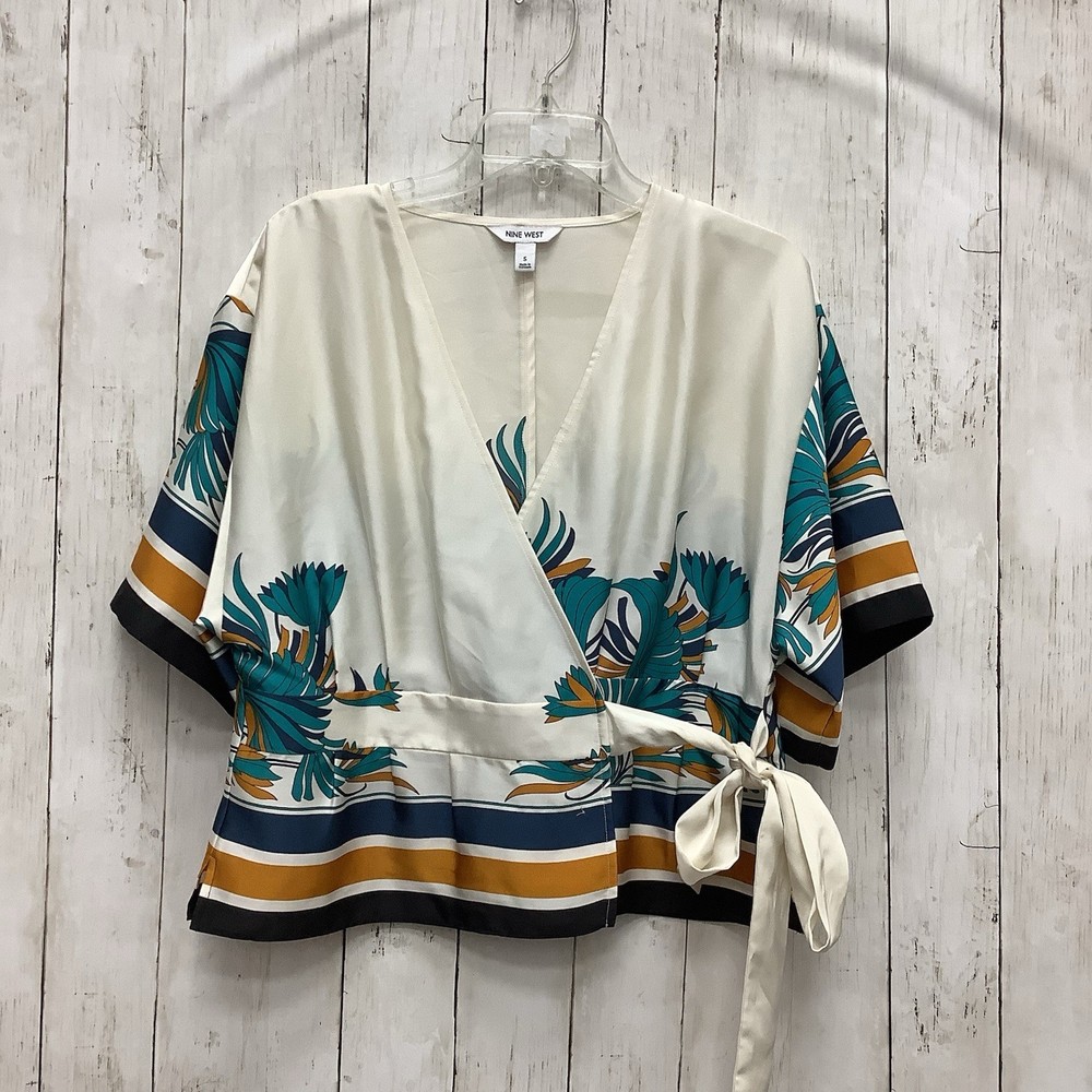 Nine West Women's Small Ivory Floral & Striped Tie-Front Satin Boho Kimono