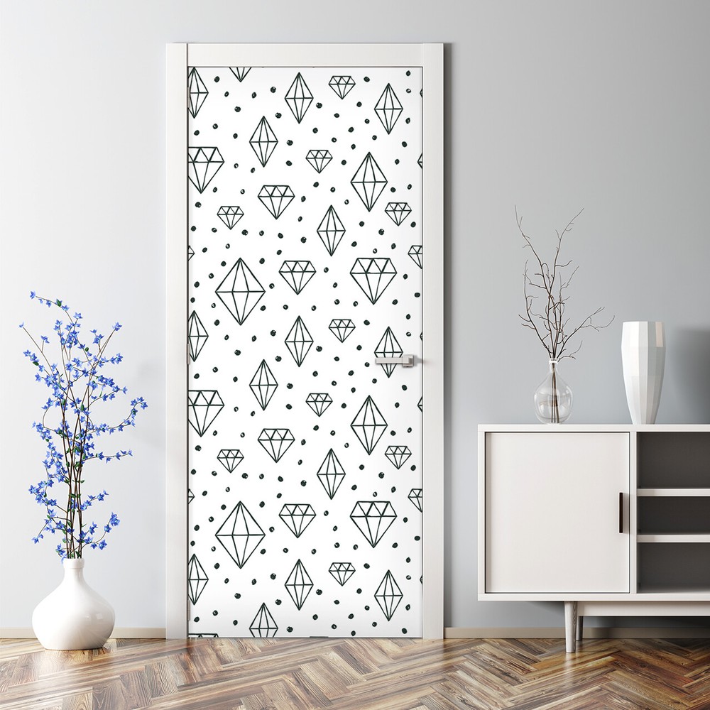Hand Drawn Diamonds and dots Black & White Bubble Free Door sticker Decal