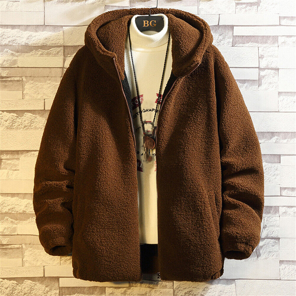 Mens Winter Warm Jacket Sherpa Coat Loose Casual Long Sleeve Fleece Jackets