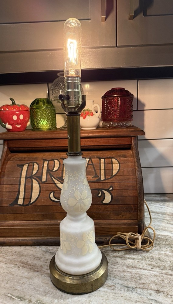 Vintage Frosted Glass Floral Boudoir Lamp Hand Painted Brass Base Works
