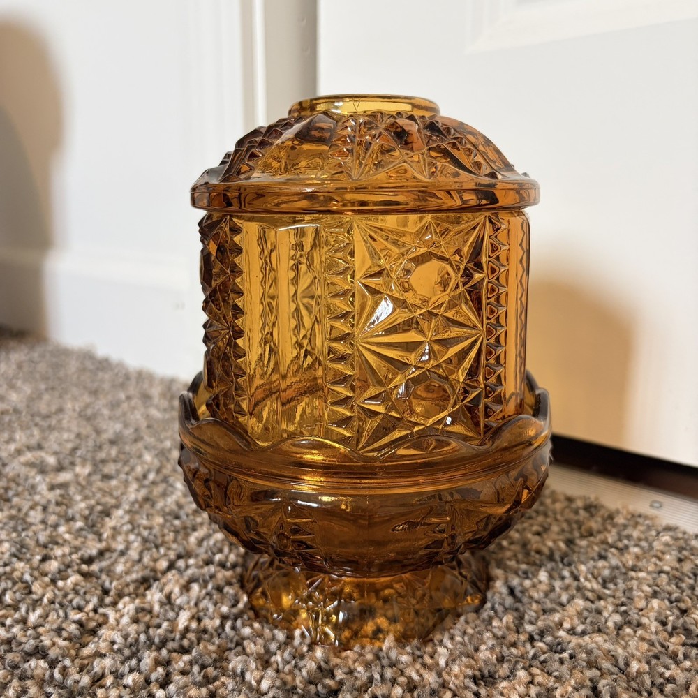 Vintage Indiana Glass Amber Stars And Bars Fairy Lamp Candle Holder READ