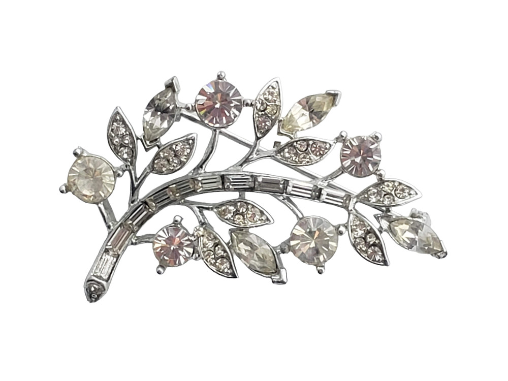 Vintage LISNER Silver Tone & Rhinestone Floral Leaf Brooch