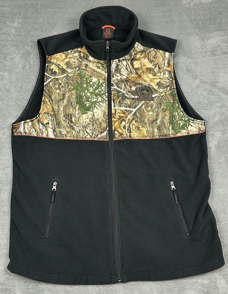 Realtree x Ocean Coast Vest Mens XL Black Brown Fleece Edge Camo Panel Full Zip
