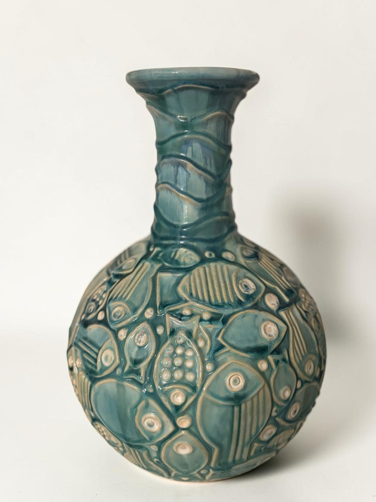 Global Views Ceramic Pottery Blue Teal Glaze Fish Vase Large 16X10 MCM Vintage