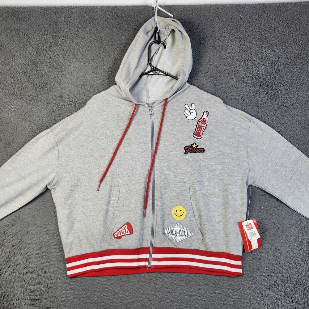 Coca-Cola Hoodie Womens Medium Gray Red Zip Up Cropped Graphic Sweatshirt