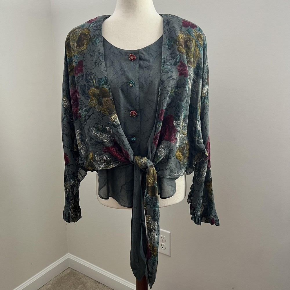 Whimsigoth Floral Tie Front Top Vintage Dark Romantic Blouse Boho Fairy Goth