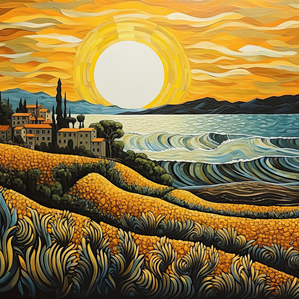 Tuscany sun gilded landscape ocean view#5  - 24in(H)*24in(L) Wall Art Print