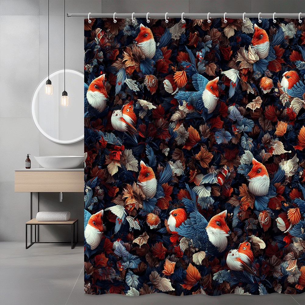 Bird Floral Print Shower Curtain, Blue Orange Leaves Pattern