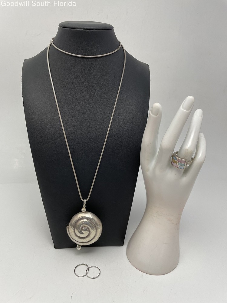 Silver Stamped/Unstamped Chain-Pendant-Earrings-Ring (3 Pcs) Weight 46.2g