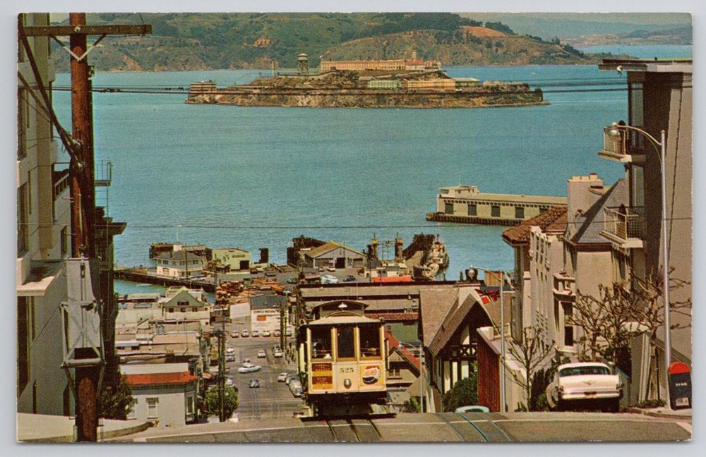 Vintage San Francisco Cable Car Hyde St Alcatraz Chrome Postcard