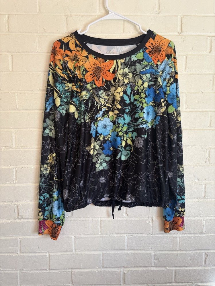 Johnny Was Active Bee Active Ruched Raglan Sleeve Pullover Floral Shirt Size M