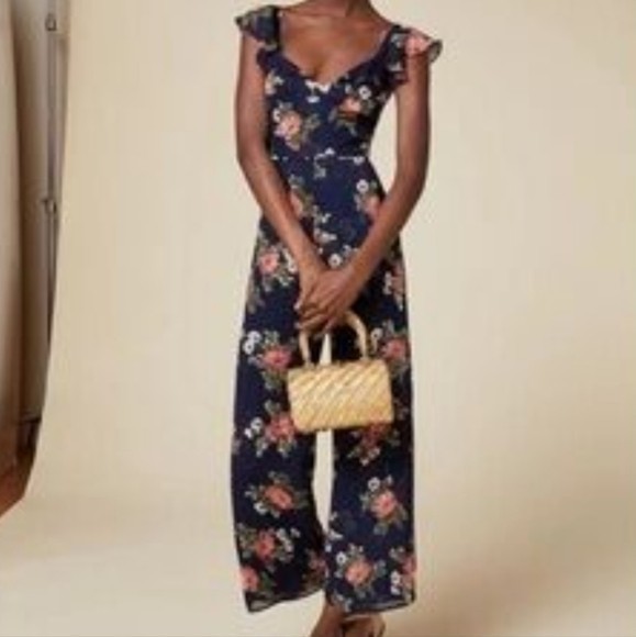 Reformation Miri Jumpsuit Floral Ruffle Wide Leg Crop Cut Out size 0 viscose