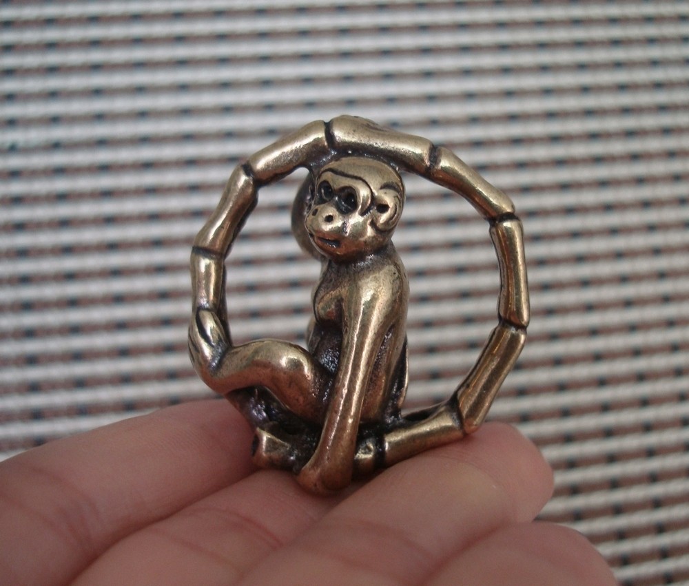 Vintage Style Solid Brass Statue Copper Monkey Playing Ring Pendant