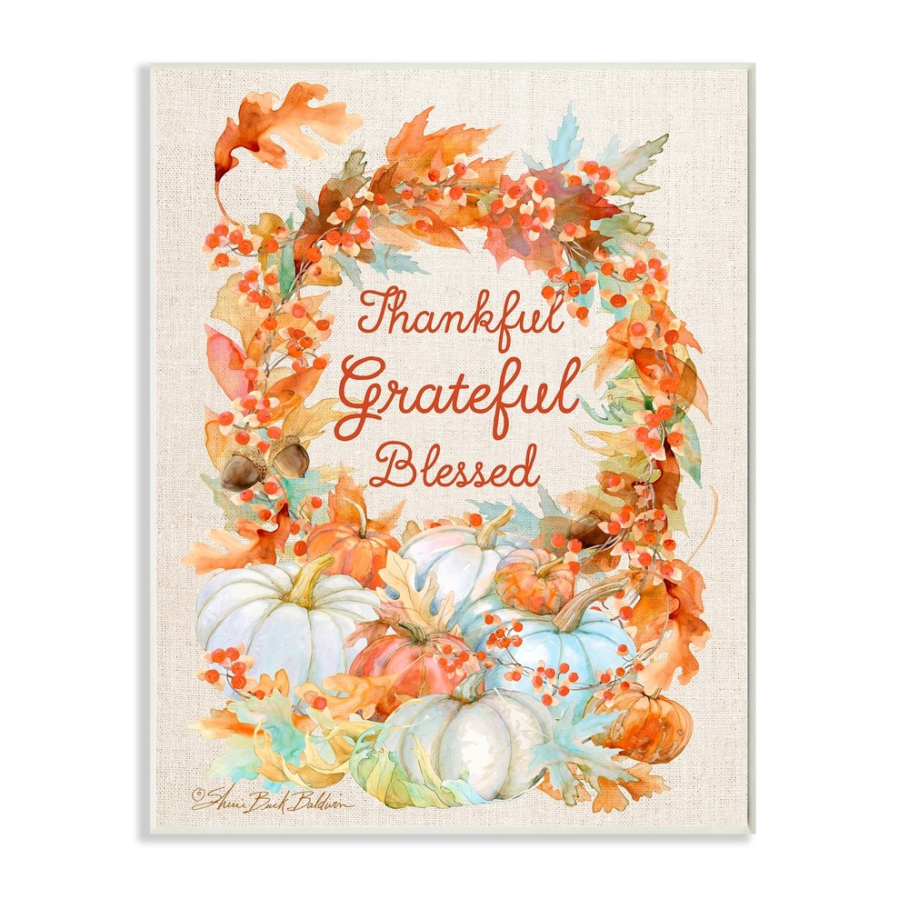 Stupell Thankful Grateful Blessed Text Autumn Harvest Wood Orange 10 x 15