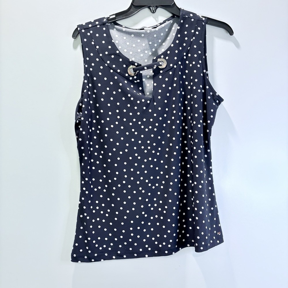 Women’s Tommy Hilfiger Navy Blue And White Polka Dot Sleeveless Blouse Sz Lg
