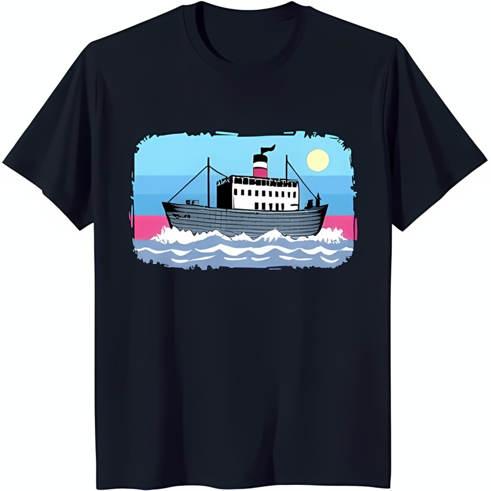 Cartoon Ship Sailing on Ocean Graphic Tee Blue T-Shirt with Fun Design