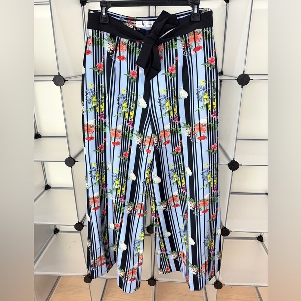 Lena Gabrielle Women's Blue Floral Wide-Leg Belted Palazzo Pants Size 10