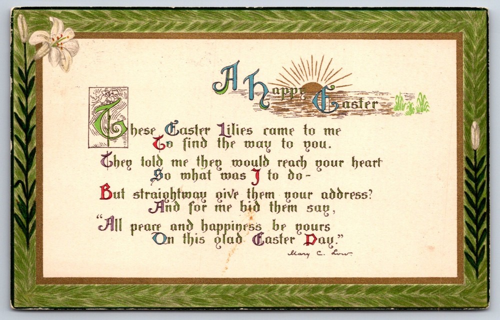 Holiday~Happy Easter~Sunrise In Gold Frame W/ Flowers~PM 1911~Vintage Postcard